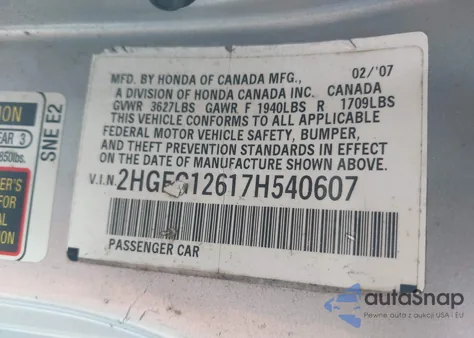 2007 Honda Civic Lx из США, поврежденный, VIN 2HGFG12617H540607